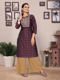 Rangita - Women Wine Polyester Embroidered Straight Knee Length Kurta