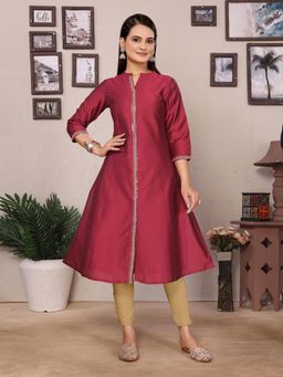 Rangita - Women Pink Polyester Embroidered A-line Calf Length Kurta