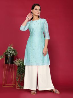 Rangita - Women Sea Green Chanderi Embroidered Straight Knee Length Kurta