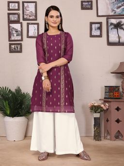 Rangita - Women Wine Chanderi Embroidered Straight Knee Length Kurta
