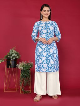 Rangita - Women Light Blue Rayon Printed Straight Knee Length Kurta