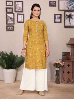 Rangita - Women Mustard Rayon Printed Straight Knee Length Kurta
