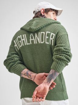HIGHLANDER - Men Green Self Design Zip Closure Hooded Sweater