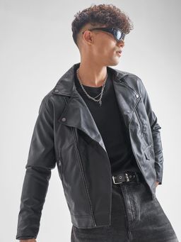 HIGHLANDER - Men Black Solid Leather Jacket