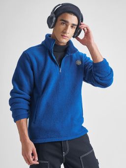 HIGHLANDER - Mens Blue Solid Mock Collar Half Zipper Sweatshirt