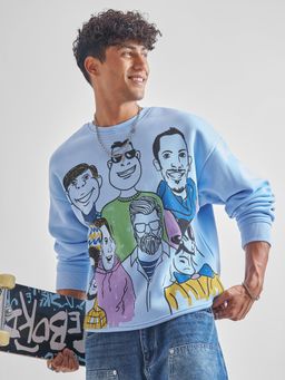HIGHLANDER - Blue Printed Oversized Fit Sweatshirt