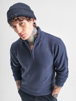 HIGHLANDER - Navy Blue Cable Knit Regular Fit Sweater