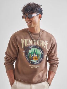 HIGHLANDER - Men Brown Relaxed Round Neck Sweatshirt