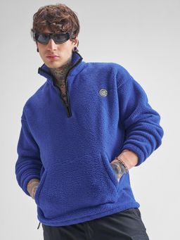 HIGHLANDER - Men Blue Over Sized Drop Shoulder High Neck with Half Zip Sweatshirt