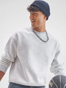 HIGHLANDER - Men White Melange Over Sized Drop Shoulder Round Neck Sweatshirt