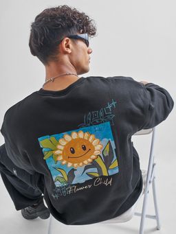 HIGHLANDER - Men Black Over Sized Drop Shoulder Round Neck Sweatshirt