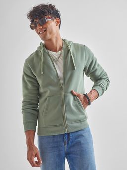 HIGHLANDER - Men Green Hooded Long Sleeve Front Open Hoodie