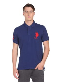 U.S. POLO ASSN. - Men Blue Pure Cotton Pique Solid Polo T-Shirt