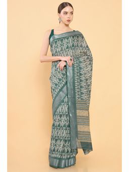Soch - Women Teal Chanderi Printed Saree with Unstitched Blouse