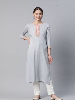 Vbuyz - Womens Embroidered Straight Rayon Grey Stitched Kurta