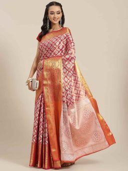 Silk Land - Brocade Heavy Silk Saree with Unsticthed Blouse Piece Pink with Unstitched