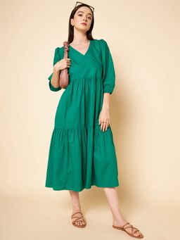 High Star - V-Neck Puff Sleeve Tiered Pure Cotton A-Line Midi Dress