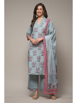Biba - Womens Blue Printed Cotton Straight Suit (Set of 3)