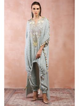 Payal Singhal - Powder Blue Applique Embroidered High Low Kaftan with Jogger Pants (Set of 2)