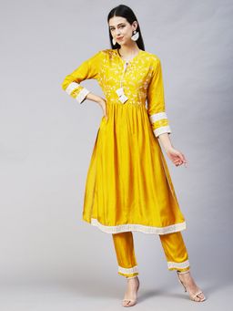 FASHOR - Solid Resham Embroidered Empire Kurta with Pant Yellow (Set of 2)