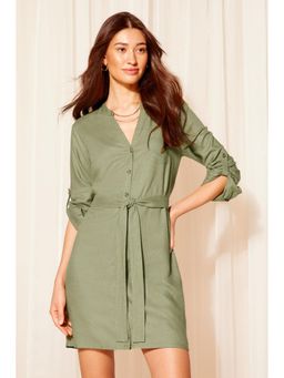 Friends Like These - Roll Sleeve Linen Mini Shirt Dress with Belt (Set of 2)