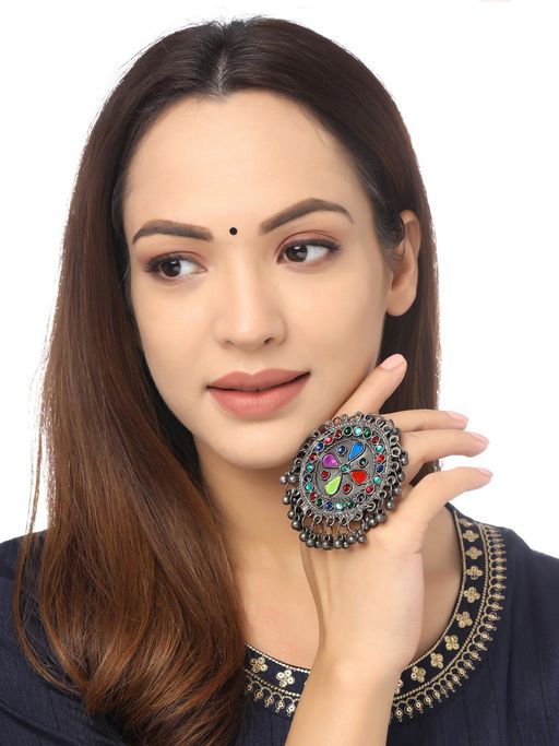 Yellow Chimes Silver-Plated Oxidised Multicolor Stone Studded Finger Ring