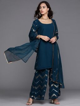 Libas - Women Teal Georgette Solid Kurta with Palazzo and Dupatta (Set of 3)