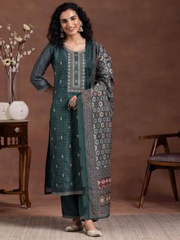Libas - Women Teal Silk Blend Printed Kurta with Pant and Dupatta (Set of 3)