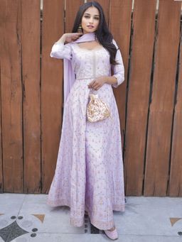 Libas - Women Lavender Embroidered Anarkali Kurta with Churidar and Dupatta (Set of 3)