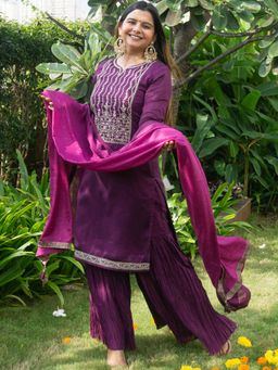 Libas - Women Purple Silk Blend Embroidered Kurta with Sharara and Dupatta (Set of 3)