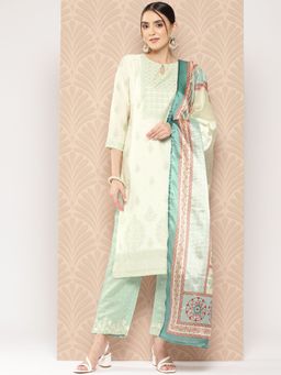 Libas - Women Cream Chanderi Silk Floral Kurta with Pant and Dupatta (Set of 3)