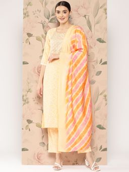 Libas - Women Yellow Silk Blend Printed Kurta with Pant and Dupatta (Set of 3)