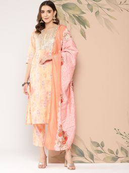 Libas - Women Peach Silk Blend Printed Kurta with Pant and Dupatta (Set of 3)