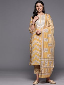 Libas - Women Mustard Silk Blend Printed Kurta with Pant and Dupatta (Set of 3)