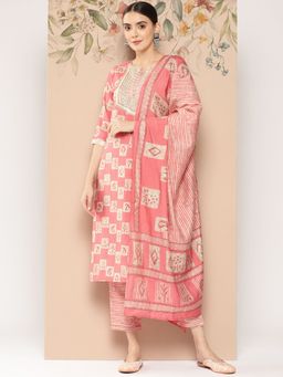Libas - Women Peach Silk Blend Printed Kurta with Pant and Dupatta (Set of 3)