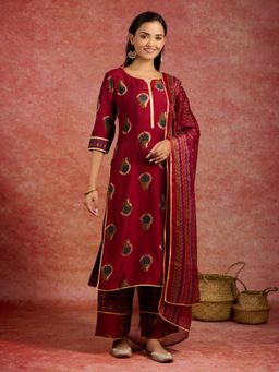Libas - Women Maroon Silk Blend Printed Kurta with Palazzo and Dupatta (Set of 3)