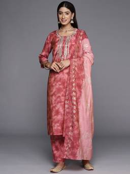 Libas - Women Coral Silk Blend Tie-Dye Kurta with Pant and Dupatta (Set of 3)
