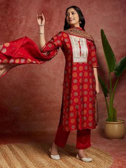 Libas - Women Red Silk Blend Printed Kurta with Pant and Dupatta (Set of 3)