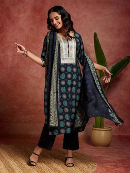 Libas - Women Navy Blue Silk Blend Printed Kurta with Pant and Dupatta (Set of 3)