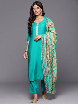 Libas - Women Green Silk Blend Solid Kurta with Pant and Dupatta (Set of 3)