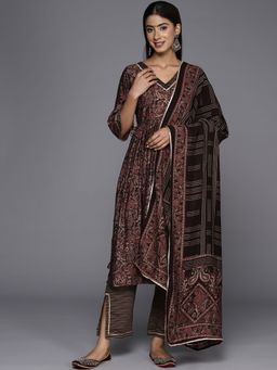 Libas - Women Brown Silk Blend Printed Kurta with Pant and Dupatta (Set of 3)