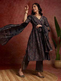 Libas - Women Navy Blue Printed Kurta with Pant and Dupatta (Set of 3)