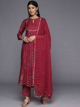 Libas - Women Red Silk Blend Printed Anarkali Kurta with Pant and Dupatta (Set of 3)