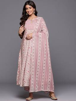 Libas - Women Beige Silk Blend Printed Anarkali Kurta with Pant and Dupatta (Set of 3)