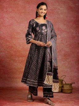 Libas - Women Black Printed Anarkali Kurta with Palazzo and Dupatta (Set of 3)