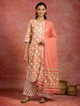Libas - Women Peach Printed Kurta with Palazzo and Dupatta (Set of 3)