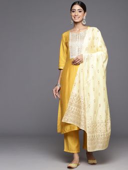 Libas - Women Yellow Silk Blend Embroidered Kurta with Pant and Dupatta (Set of 3)