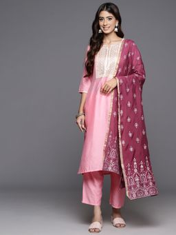 Libas - Women Pink Silk Blend Embroidered Kurta with Pant and Dupatta (Set of 3)