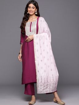 Libas - Women Wine Silk Blend Solid Kurta with Pant and Dupatta (Set of 3)