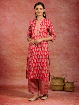 Libas - Women Red Silk Blend Printed Kurta with Palazzo (Set of 2)